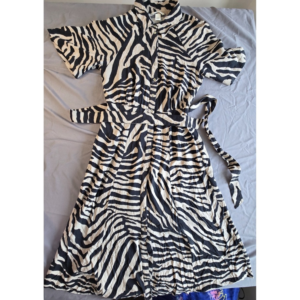 Zebra Print Maxi Dress Button Up Collar Drop Shoulder with Belt Boho Chic Relax